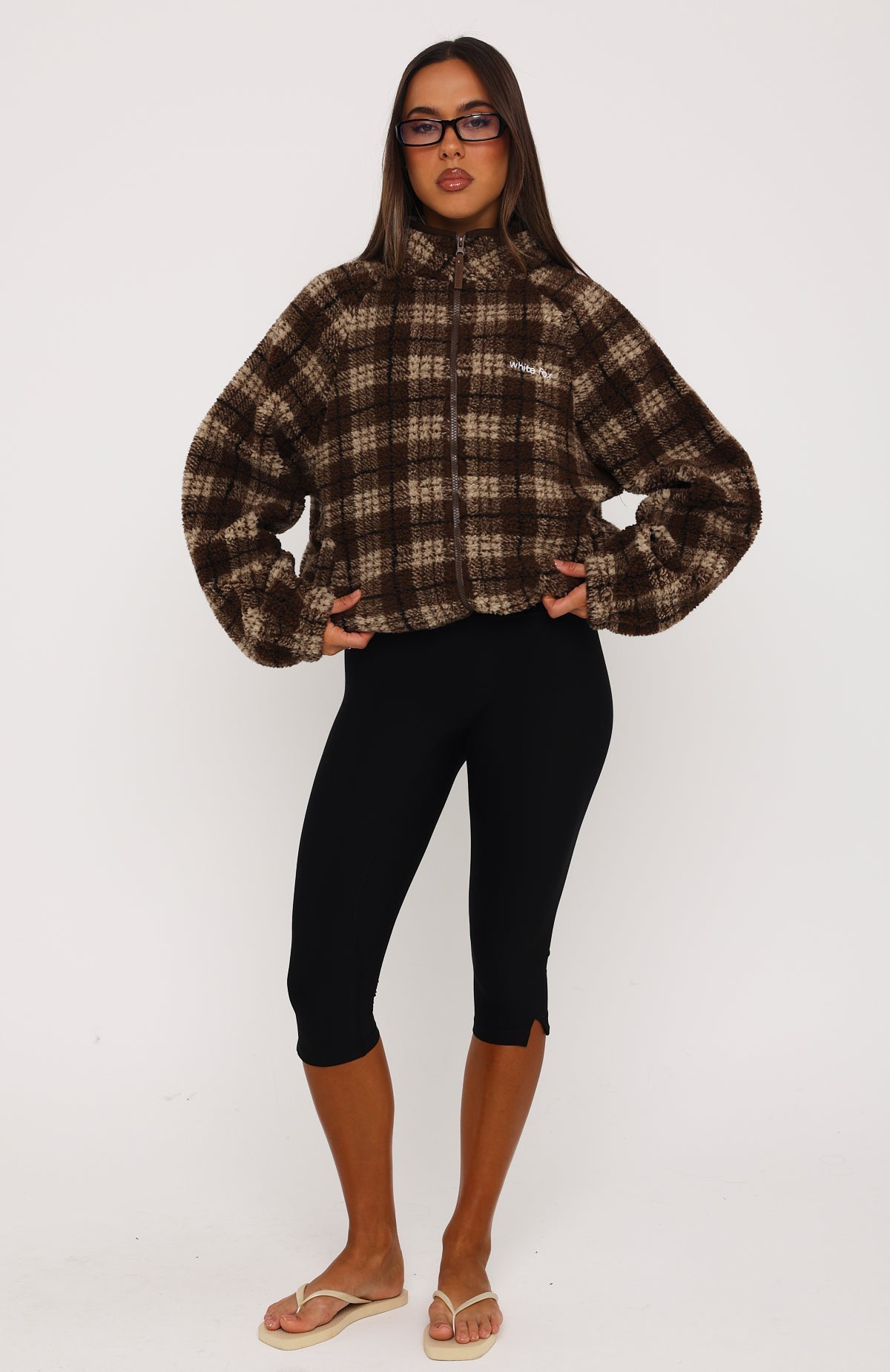We're Not Working Zip Front Fleece Jacket Brown Print