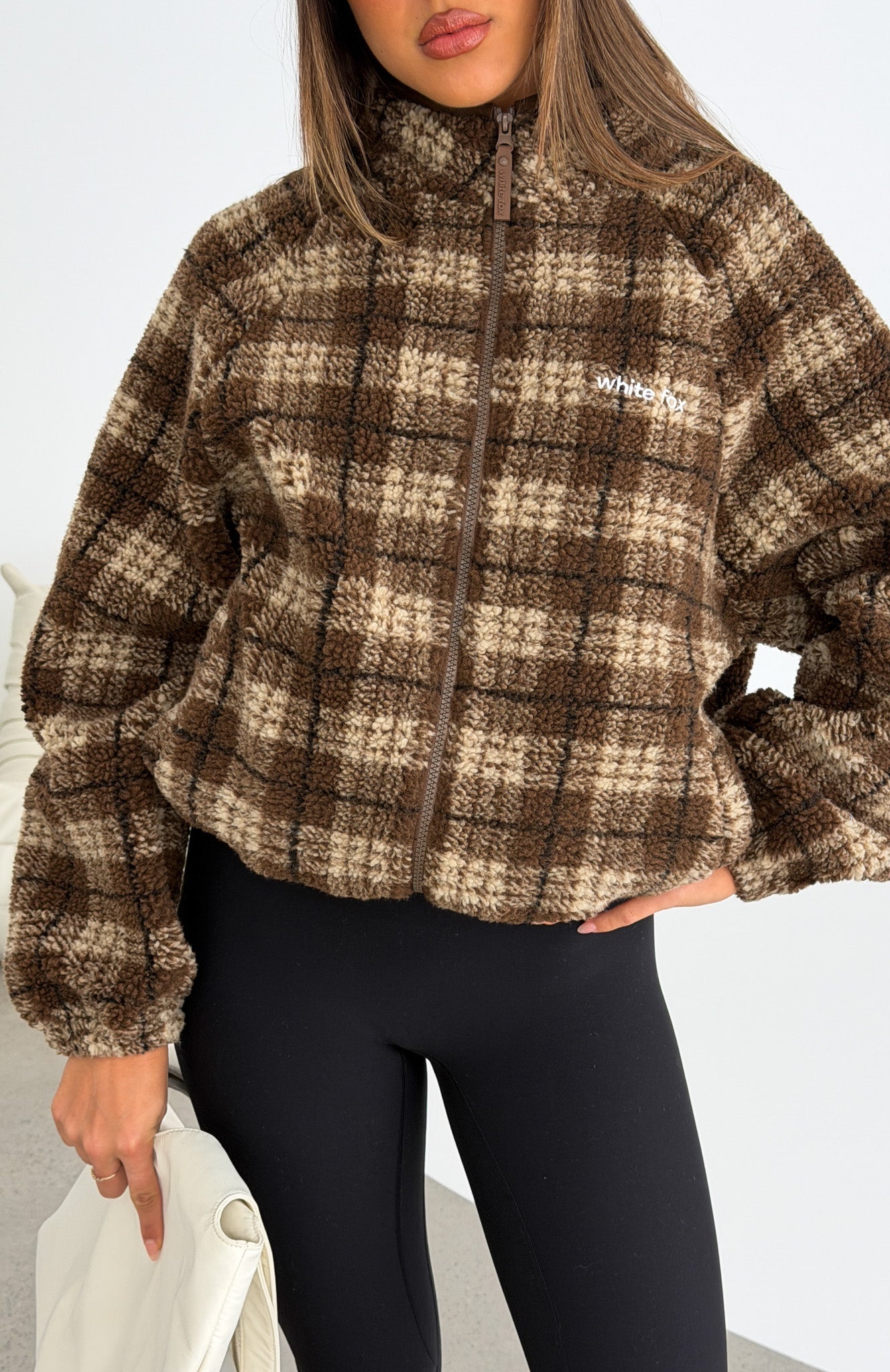 We're Not Working Zip Front Fleece Jacket Brown Print