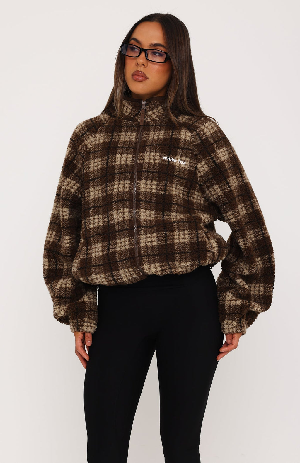 We're Not Working Zip Front Fleece Jacket Brown Print