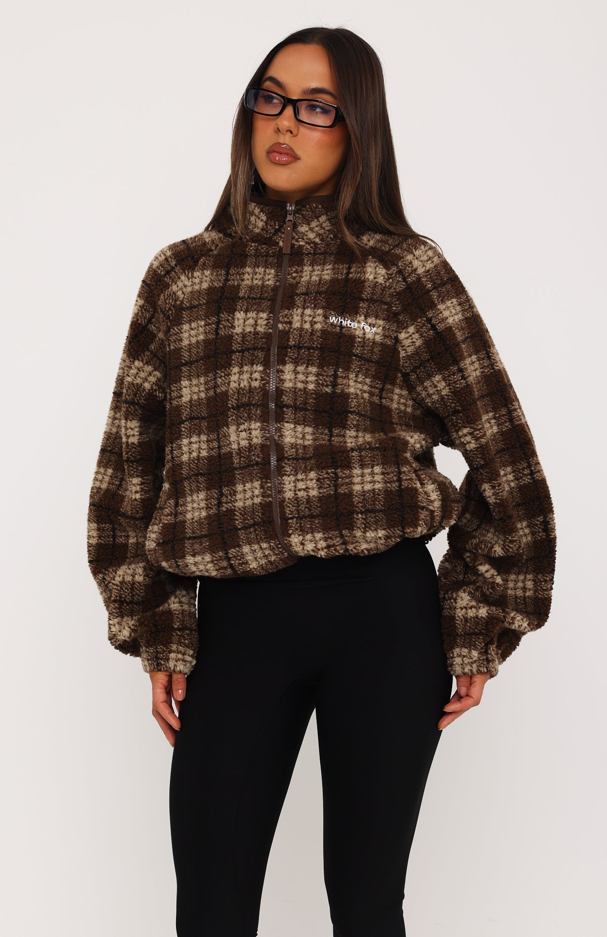 We're Not Working Zip Front Fleece Jacket Brown Print