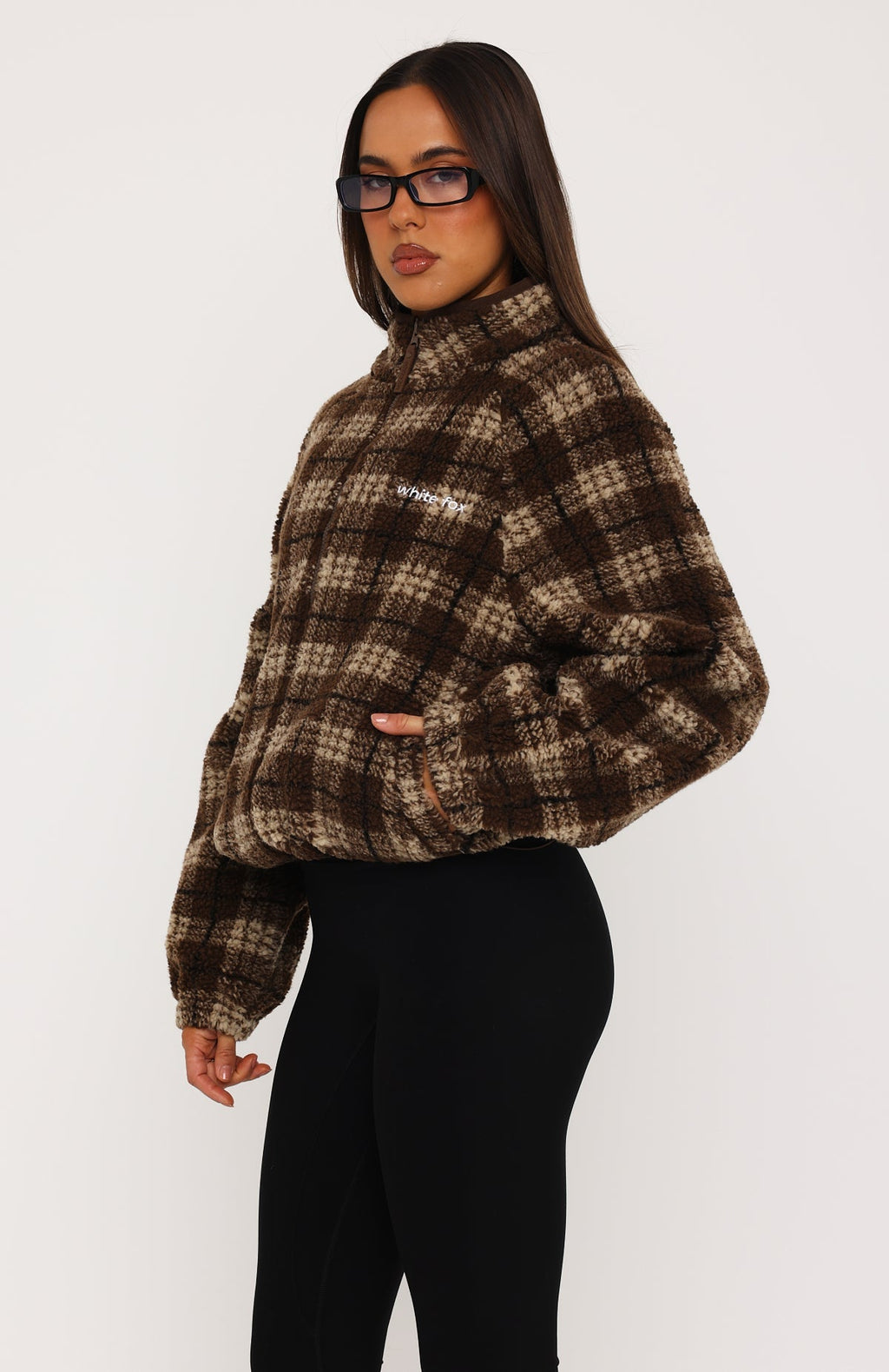 We're Not Working Zip Front Fleece Jacket Brown Print