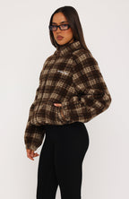 We're Not Working Zip Front Fleece Jacket Brown Print