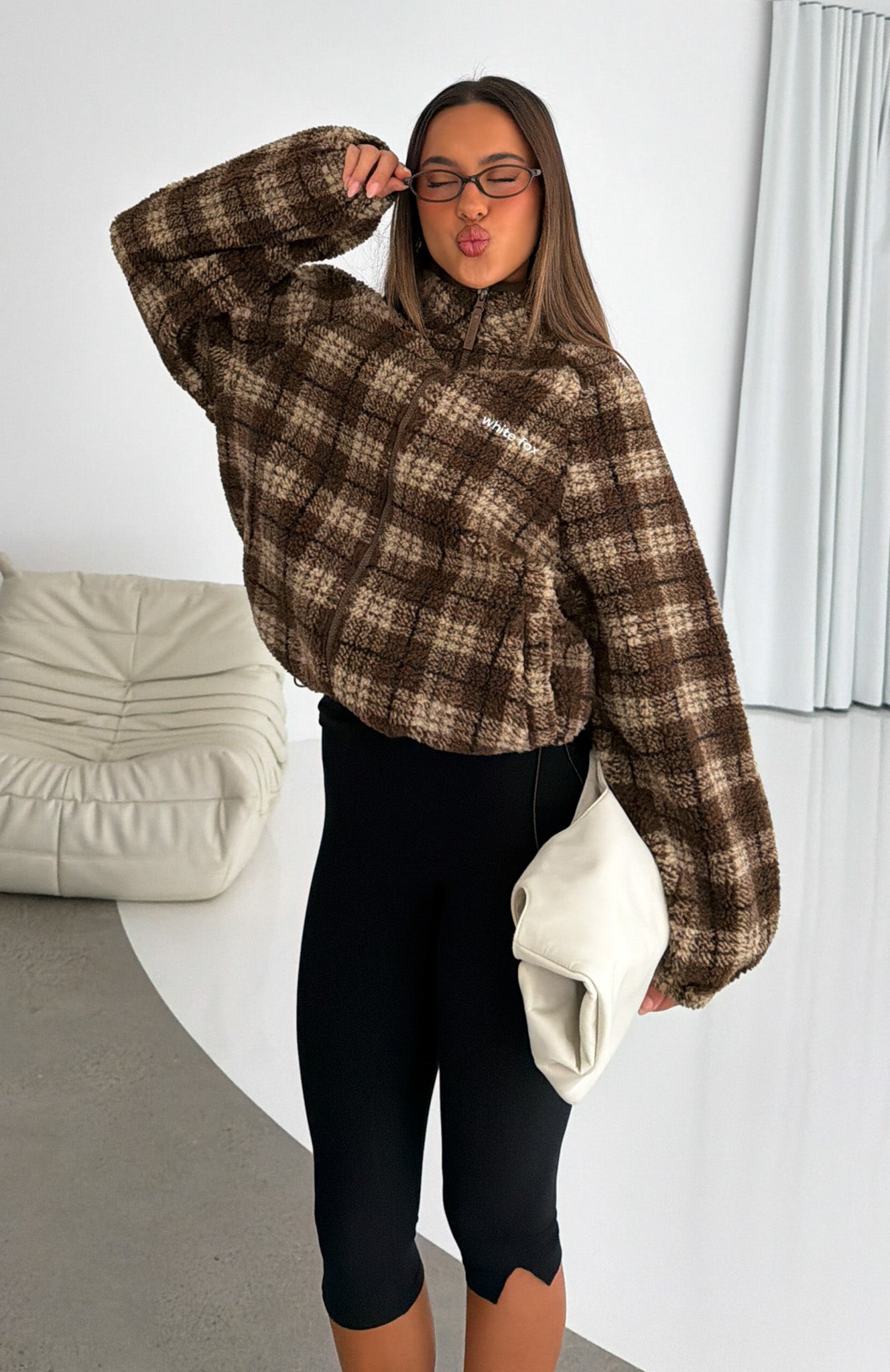 We're Not Working Zip Front Fleece Jacket Brown Print
