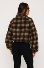 We're Not Working Zip Front Fleece Jacket Brown Print