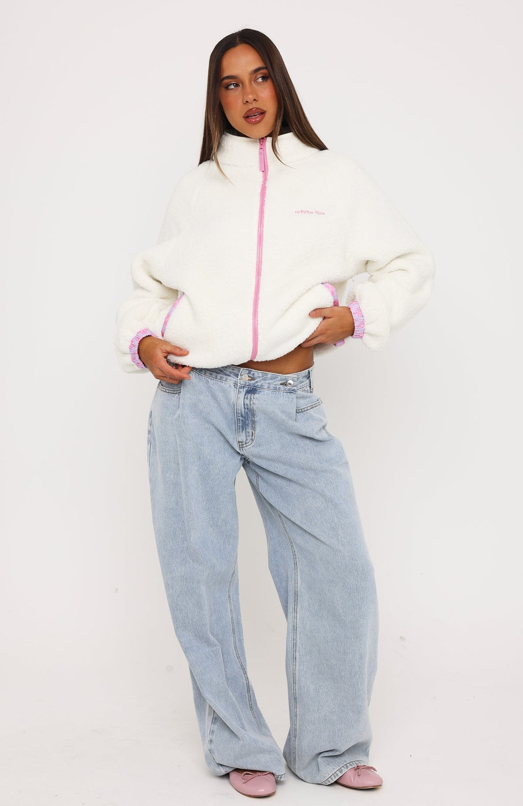 We're Not Working Zip Front Fleece Jacket Cream