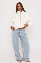 We're Not Working Zip Front Fleece Jacket Cream