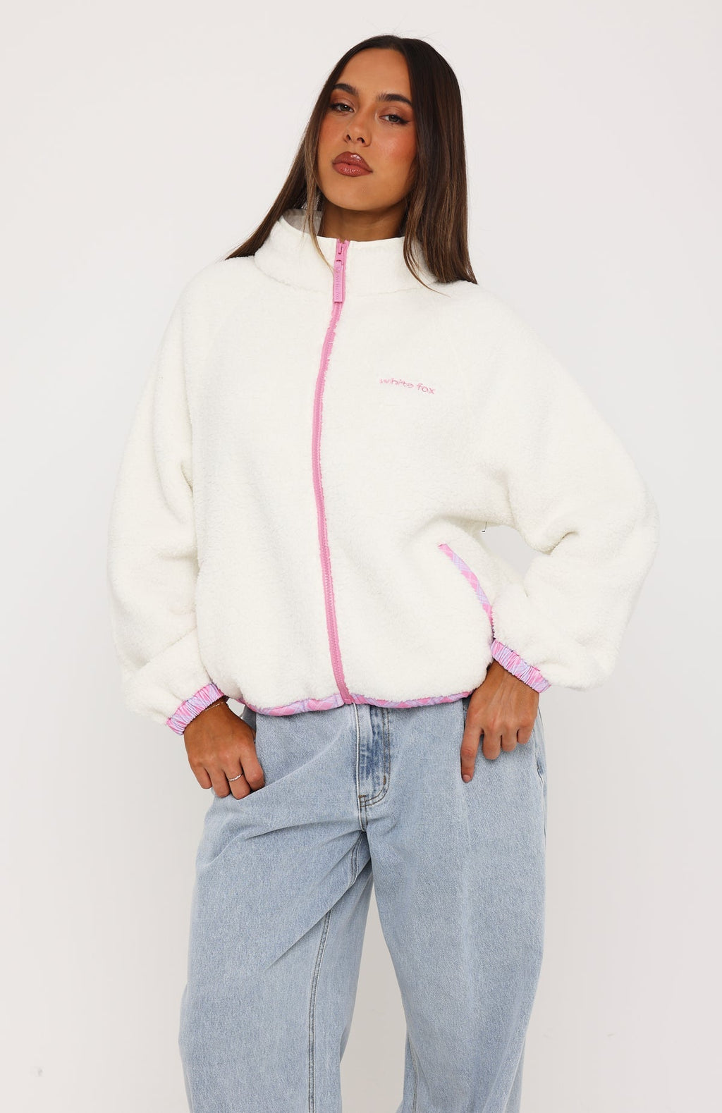 We're Not Working Zip Front Fleece Jacket Cream