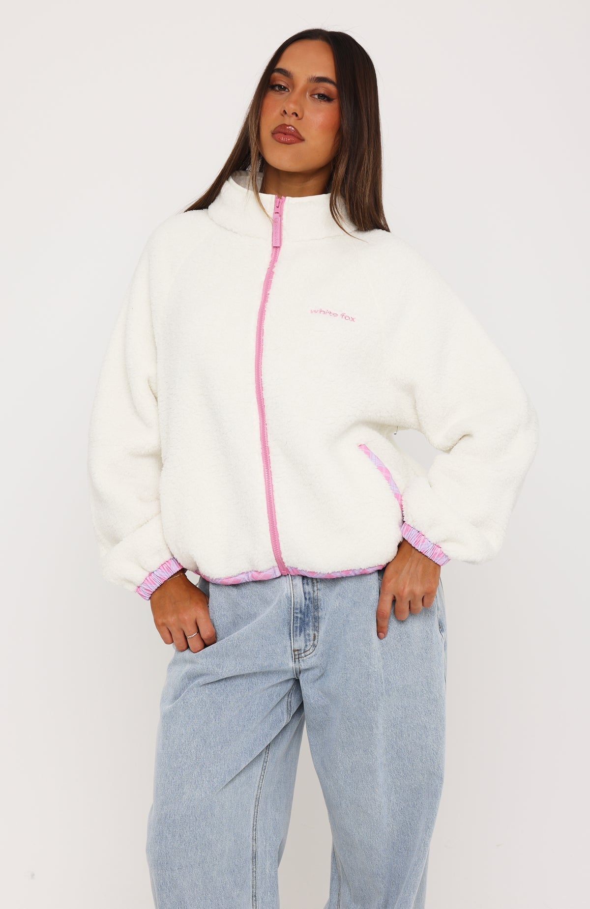 We're Not Working Zip Front Fleece Jacket Cream