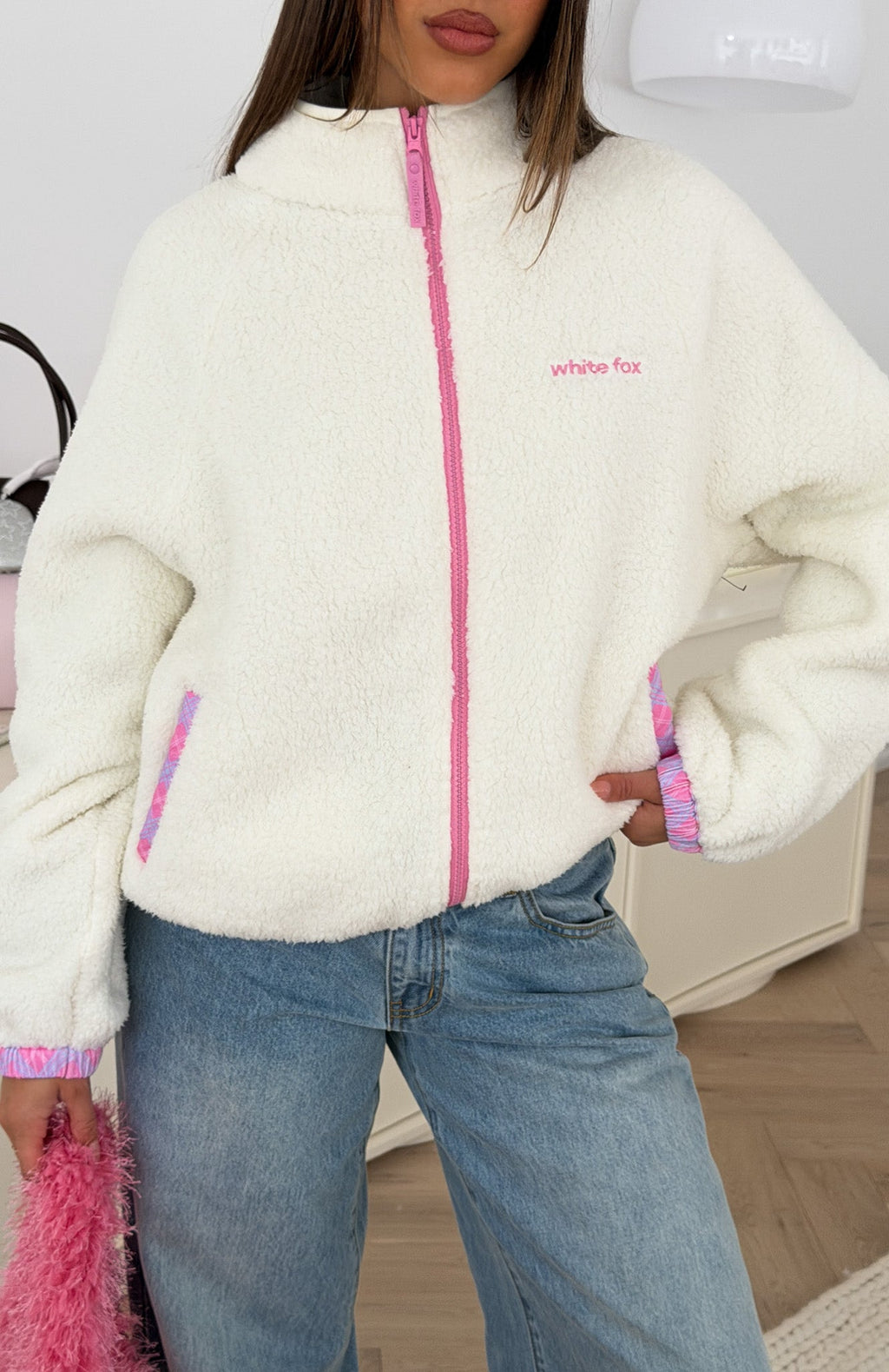 We're Not Working Zip Front Fleece Jacket Cream