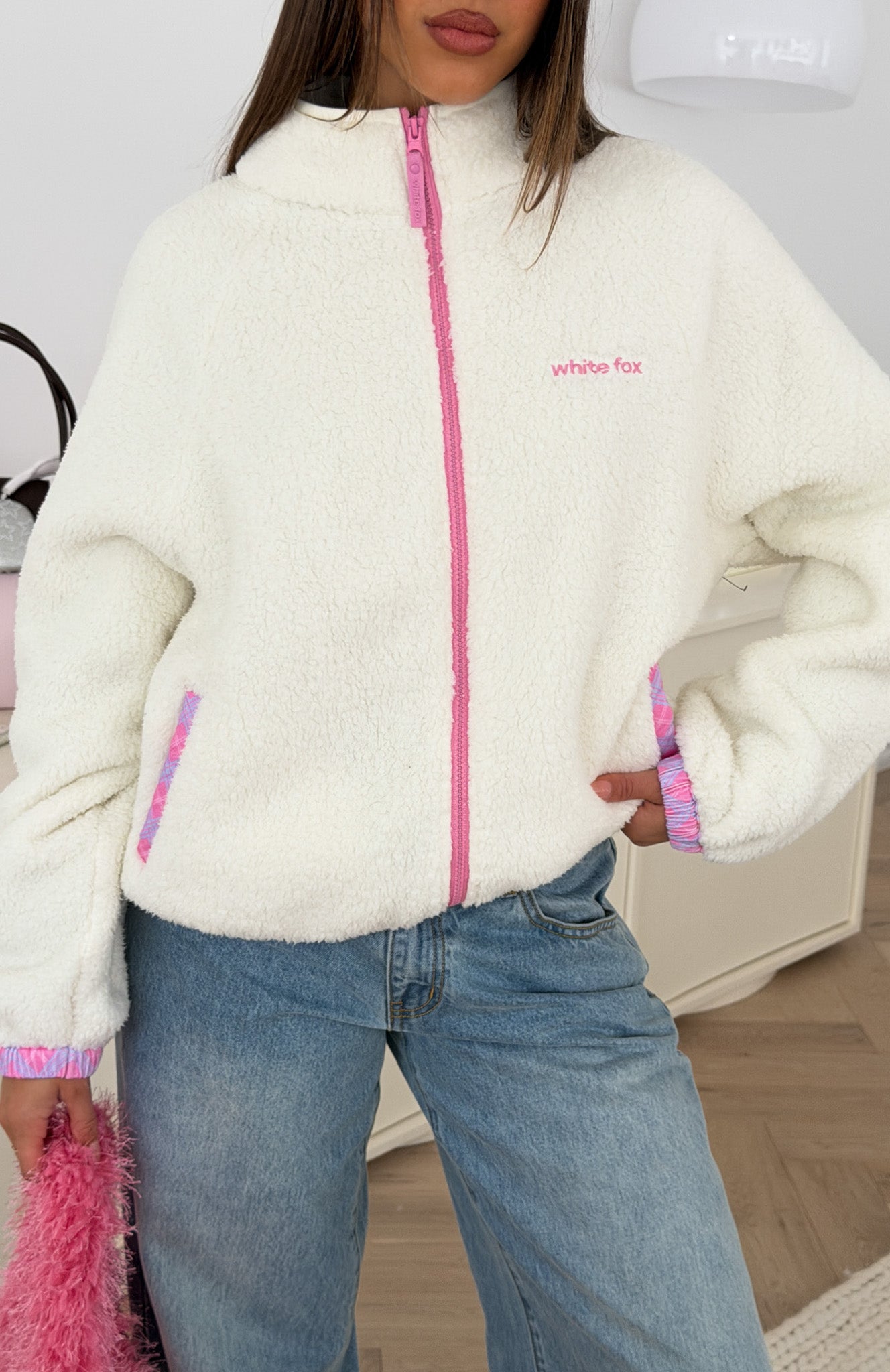 We're Not Working Zip Front Fleece Jacket Cream