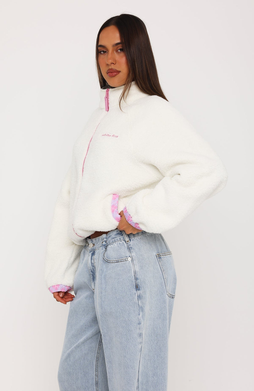 We're Not Working Zip Front Fleece Jacket Cream