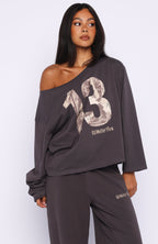 All A Dream Off Shoulder Oversized Long Sleeve Tee Charcoal