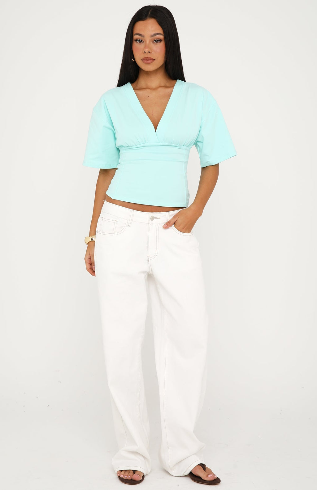 All On The Line V Neck Short Sleeve Top Mint