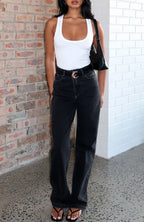 Alyssa High Rise Straight Leg Jeans Black Acid Wash
