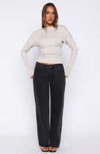 Another Time Cinched Waist Long Sleeve Top Light Grey Marle