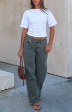 Bring The Style Low Rise Wide Leg Jeans Olive Wash