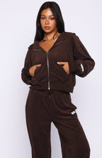 Causing Commotion Terry Boxy Zip Front Hoodie Chocolate