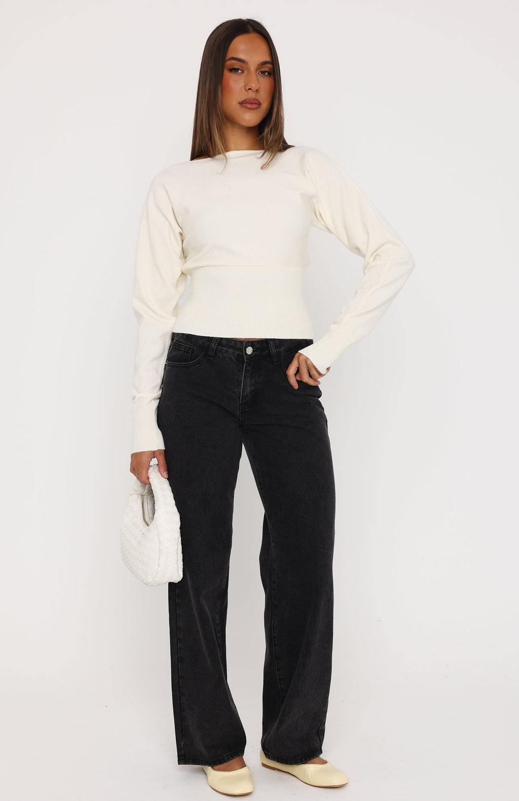 Checked In Cinched Waist Long Sleeve Knit Top Cream