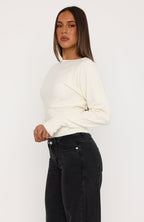 Checked In Cinched Waist Long Sleeve Knit Top Cream