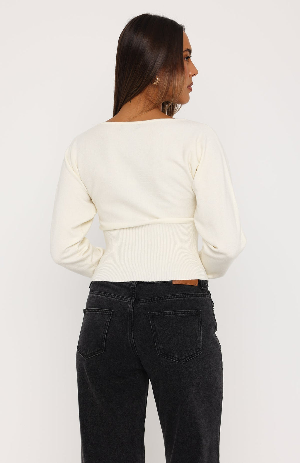 Checked In Cinched Waist Long Sleeve Knit Top Cream