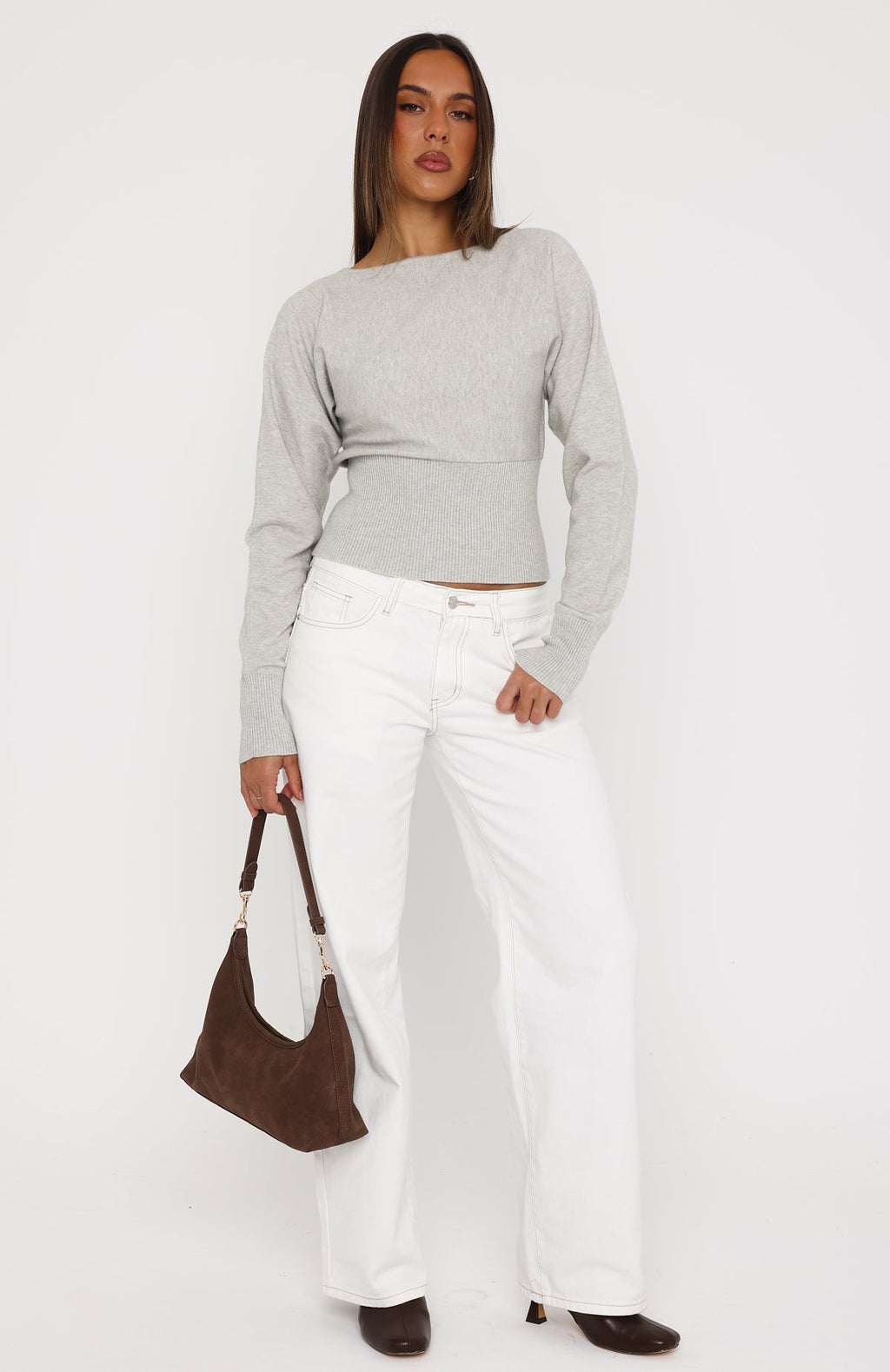 Checked In Cinched Waist Long Sleeve Knit Top Light Grey