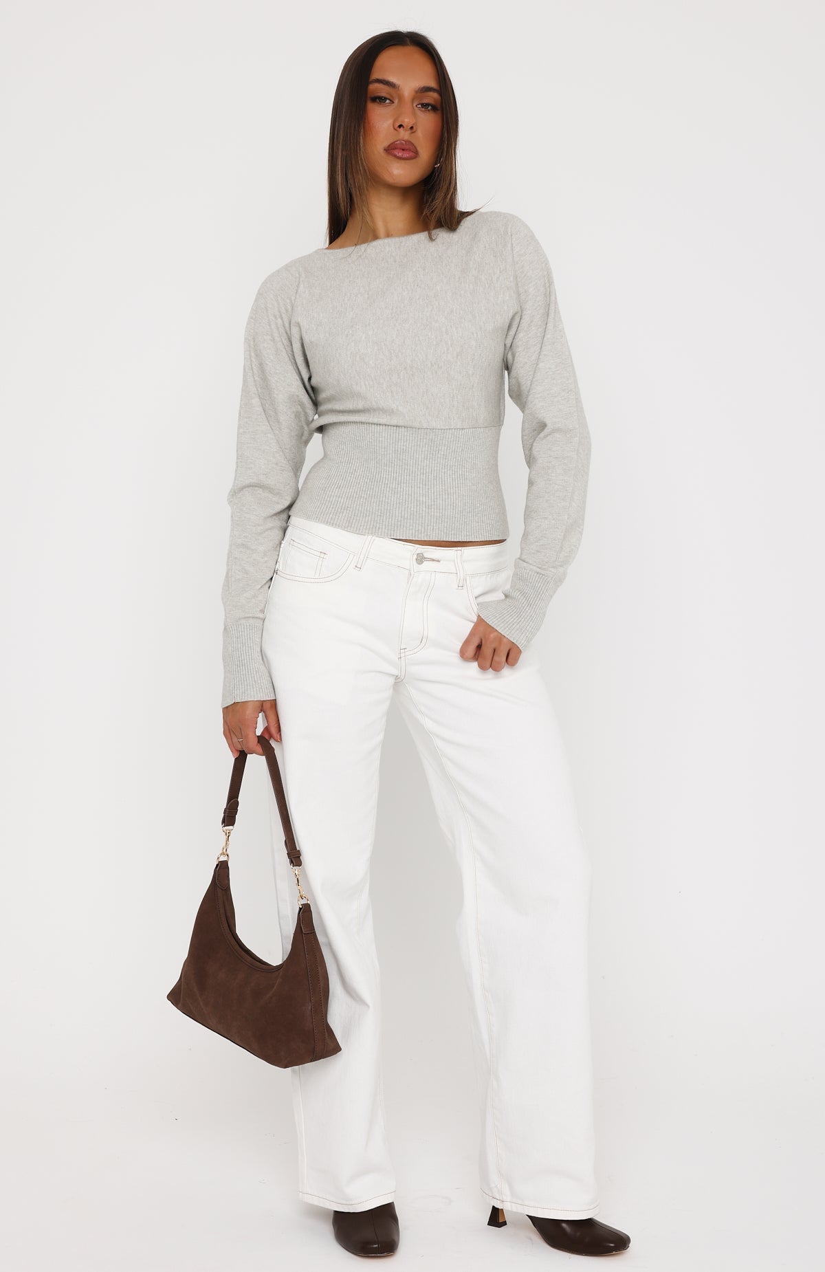 Checked In Cinched Waist Long Sleeve Knit Top Light Grey