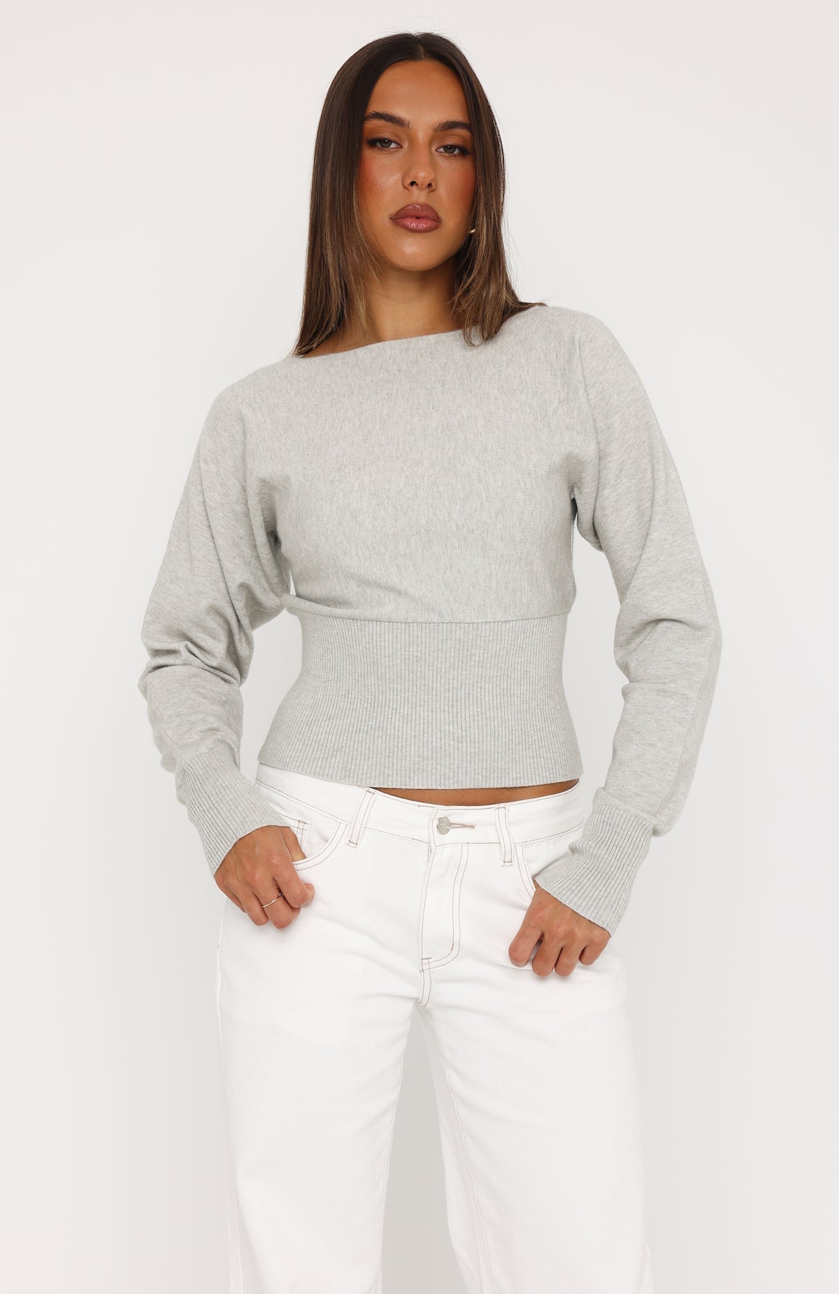 Checked In Cinched Waist Long Sleeve Knit Top Light Grey