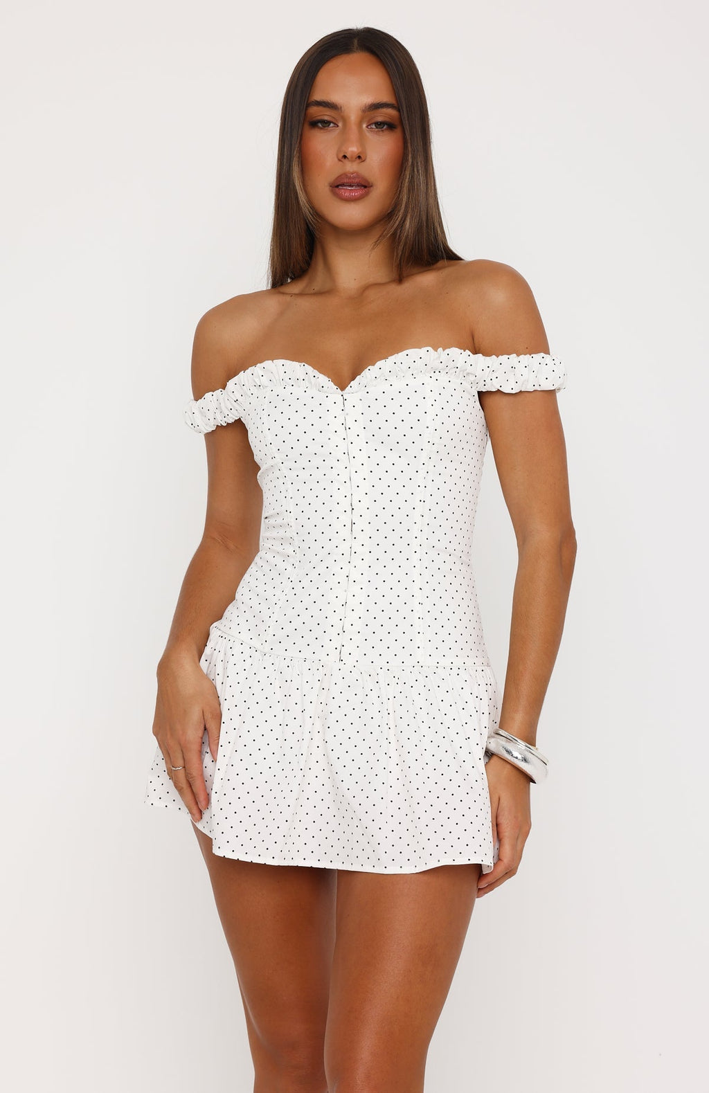 Cuteness Overload Off Shoulder Mini Dress White/Black Polka Dot