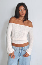 Dancing In The Rain Off Shoulder Long Sleeve Top Cream