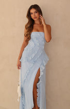 Delicate Petal Strapless Maxi Dress Baby Blue