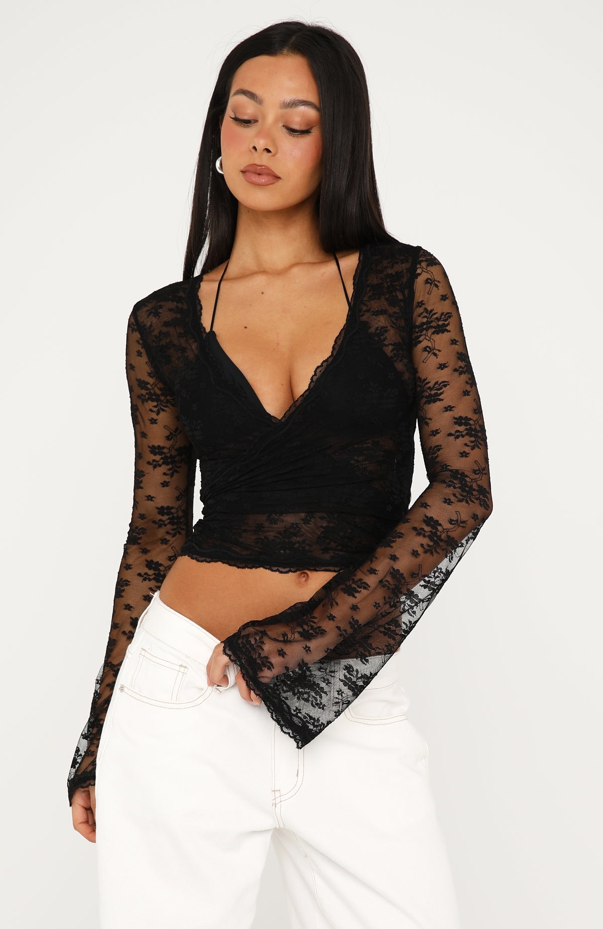 Did You Miss Me Long Sleeve Lace Top Black
