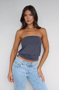 Don't Talk Cinched Waist Strapless Top Charcoal