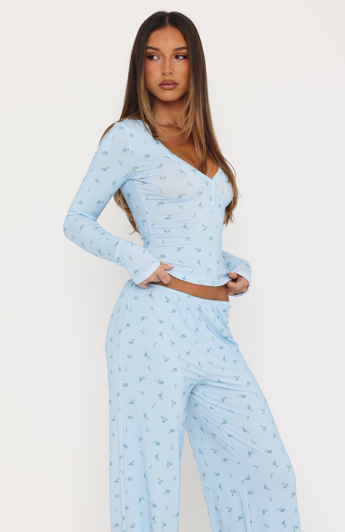 Dreamy Button Up Long Sleeve Pyjama Top Blue Ditsy
