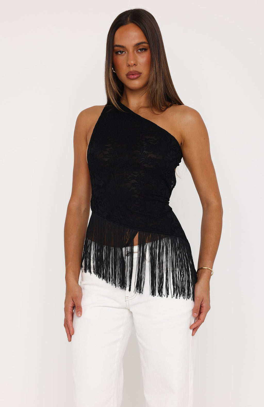 Even Better One Shoulder Fringe Top Black