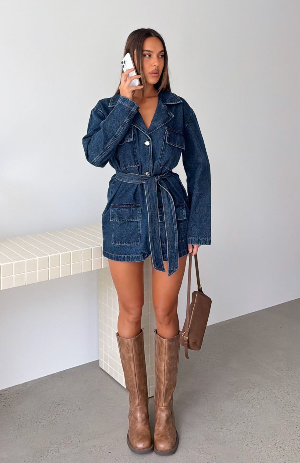 Freefall Romance Long Sleeve Denim Dress Dark Blue Wash