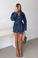 Freefall Romance Long Sleeve Denim Dress Dark Blue Wash
