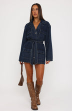 Freefall Romance Long Sleeve Denim Dress Dark Blue Wash