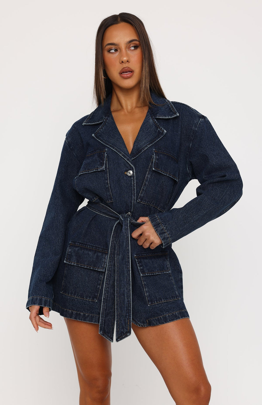 Freefall Romance Long Sleeve Denim Dress Dark Blue Wash