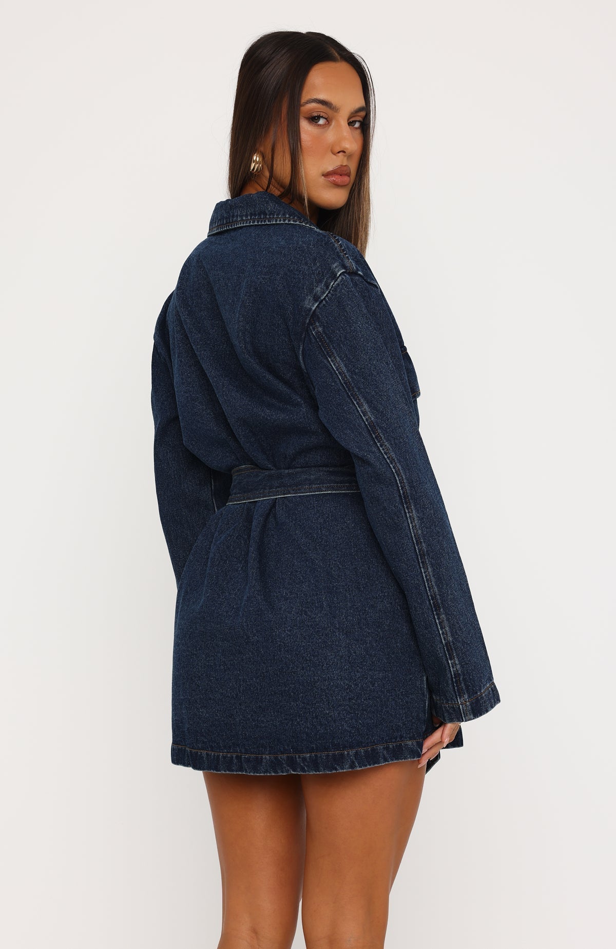 Freefall Romance Long Sleeve Denim Dress Dark Blue Wash