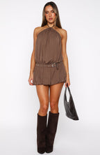 Happy Girl Halter Neck Mini Dress Mocha