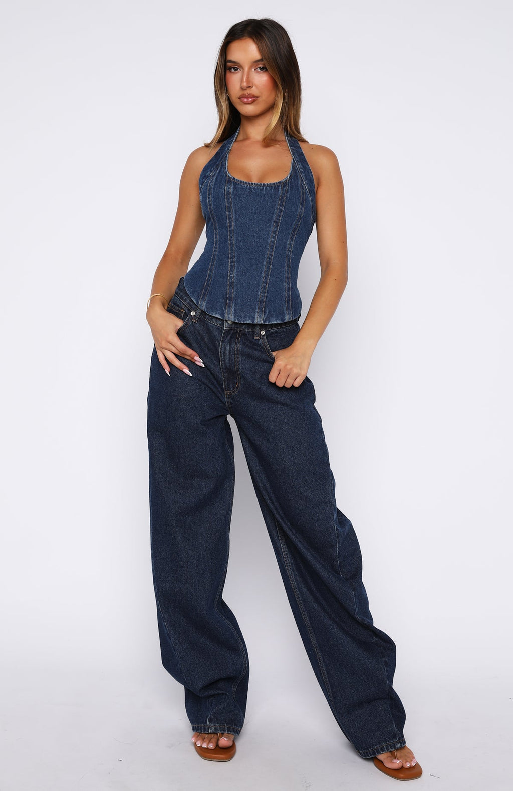 In Your Corner Denim Halter Top Dark Blue Wash