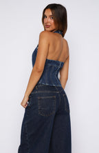 In Your Corner Denim Halter Top Dark Blue Wash