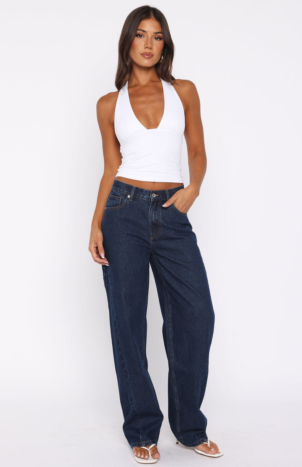 Kiara Mid Rise Barrel Leg Jeans Dark Blue Wash