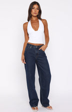 Kiara Mid Rise Barrel Leg Jeans Dark Blue Wash