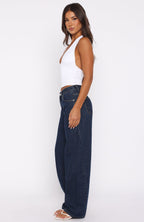 Kiara Mid Rise Barrel Leg Jeans Dark Blue Wash