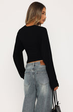 Levelled Up Cinched Waist Long Sleeve Top Black