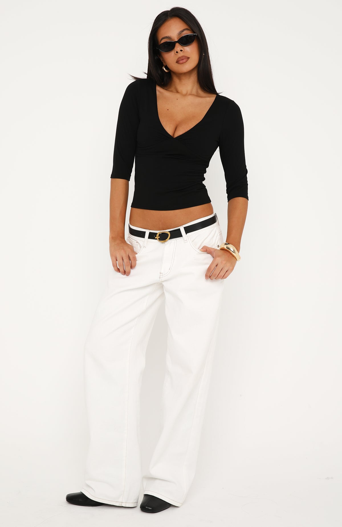 Little Bit Of Everything 3/4 Sleeve V Neck Top Black