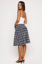 Make You Blush Midi Skirt Blue/Chocolate Check