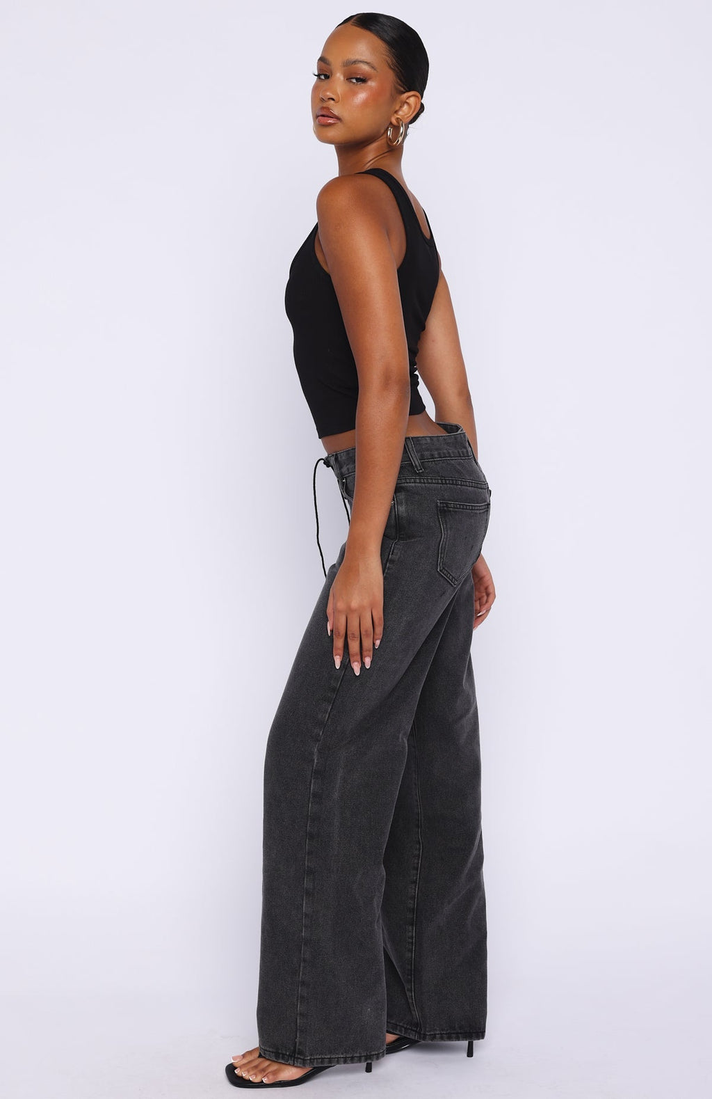 Making Appearances Mid Rise Lace Up Straight Leg Jeans Black Acid Wash