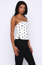 More Power Strapless Denim Top White/Black Polka Dot
